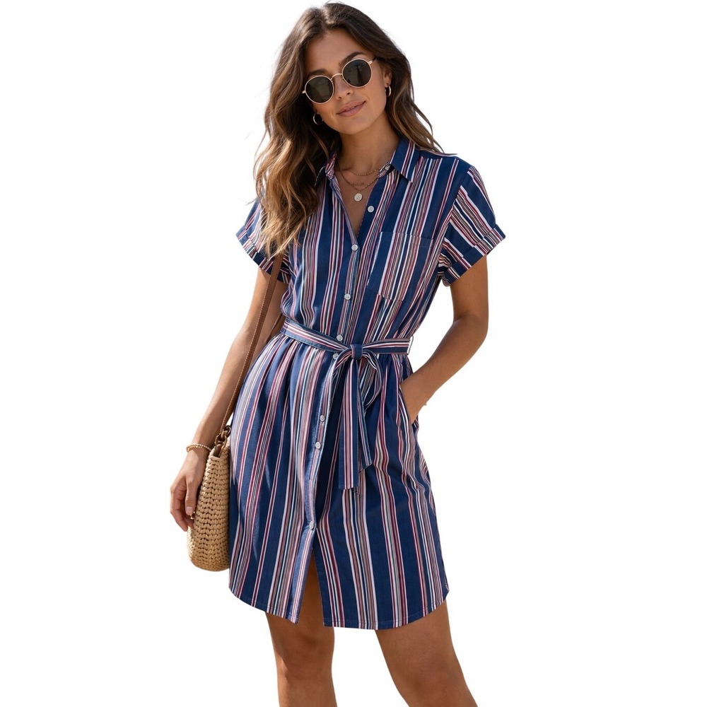 Vintage Faded Glory Striped‎ Shirt Dress Medium Americana Coastal Preppy Summer